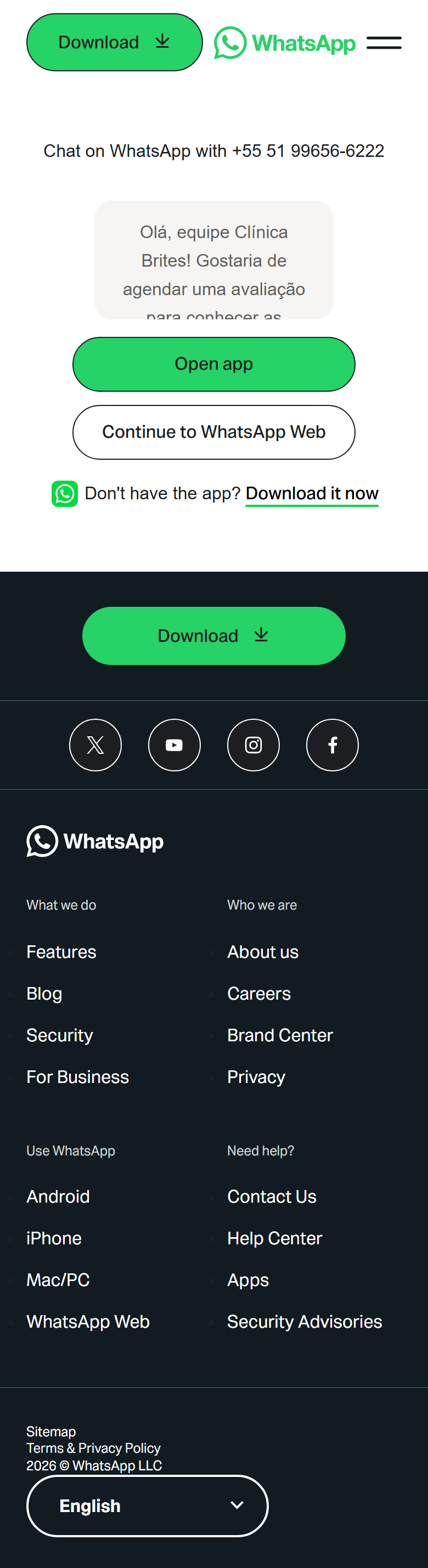 Tela que abre ao clicar em Contato no menu, no celular — página em inglês da marca WhatsApp, sem identidade da clínica